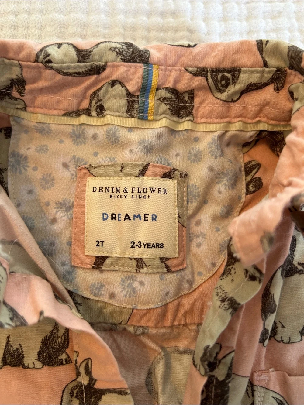 Denim & Flower Peach Pink Bunny Print Short Sleeve Button-Down Shirt